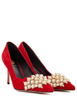 Женские замшевые туфли красные с жемчугом