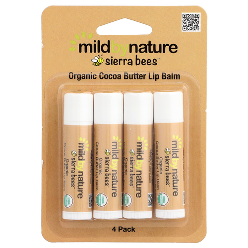 Mild By Nature, Sierra Bees™, органические бальзамы для губ, какао-масло, 4 шт. по 4,25 г (0,15 унции)