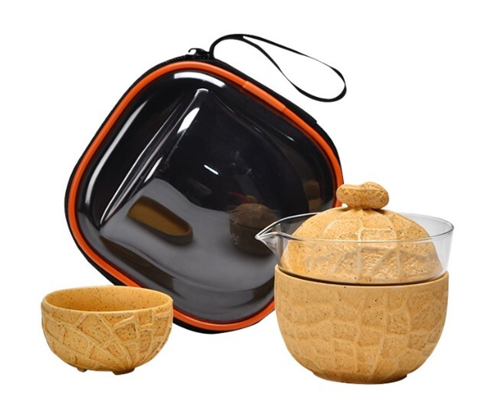 243123Y2 УЦЕНКА Сервиз ДОРОЖНЫЙ "Арахис", гайвань, 2 пиалы, в кейсе, керамика, желтый