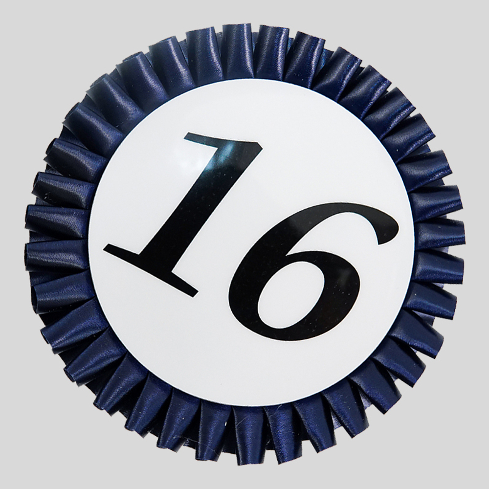 Номер участника, крепление в ассортименте. Диаметр 115 мм. с плиссе. Цвет номера и плиссировки Т.СИНИЙ.