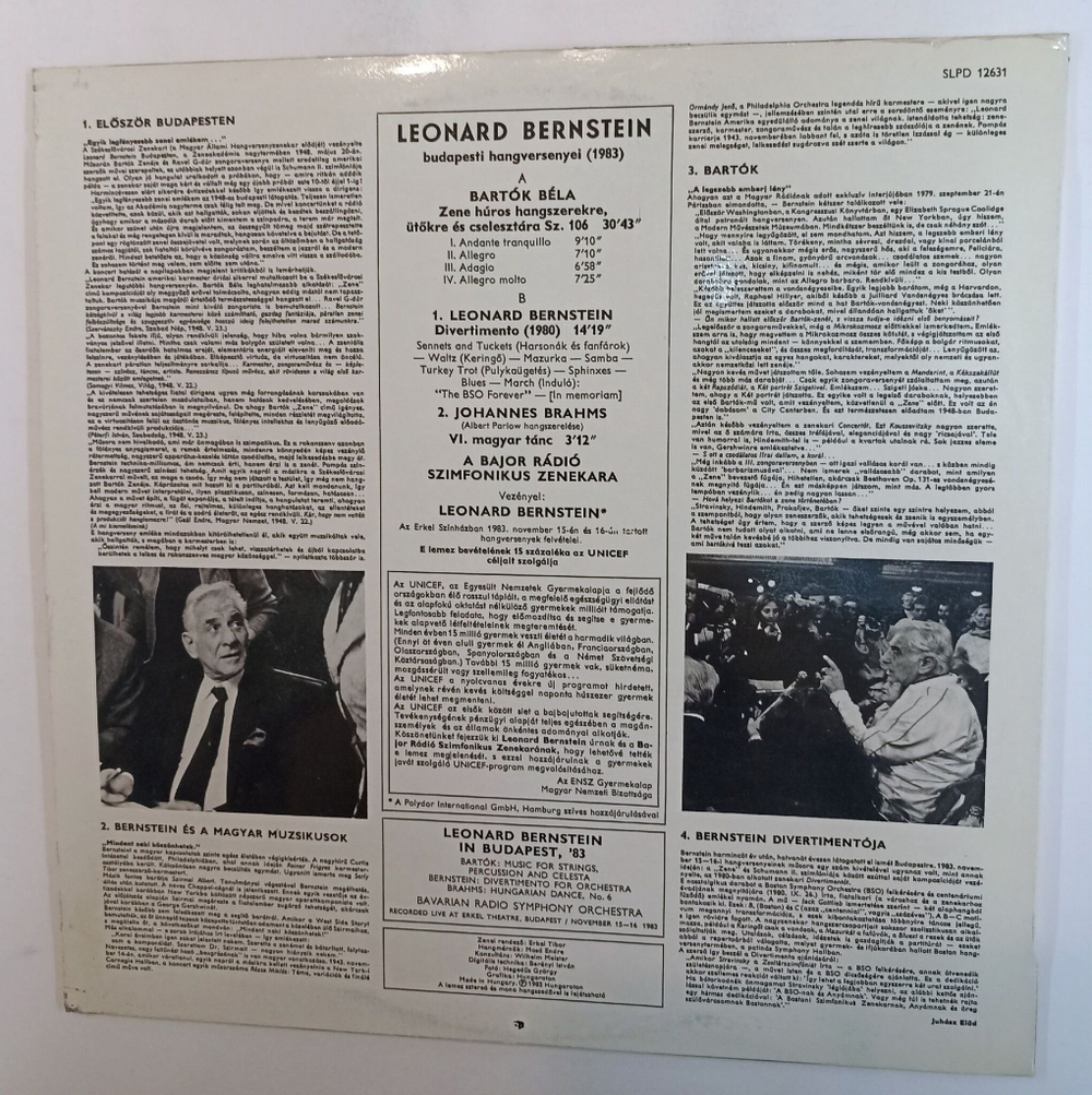 Винтажная виниловая пластинка LP Bartok Барток Bernstein Budapesten 83 Zene Divertimento (Венгрия 1983)