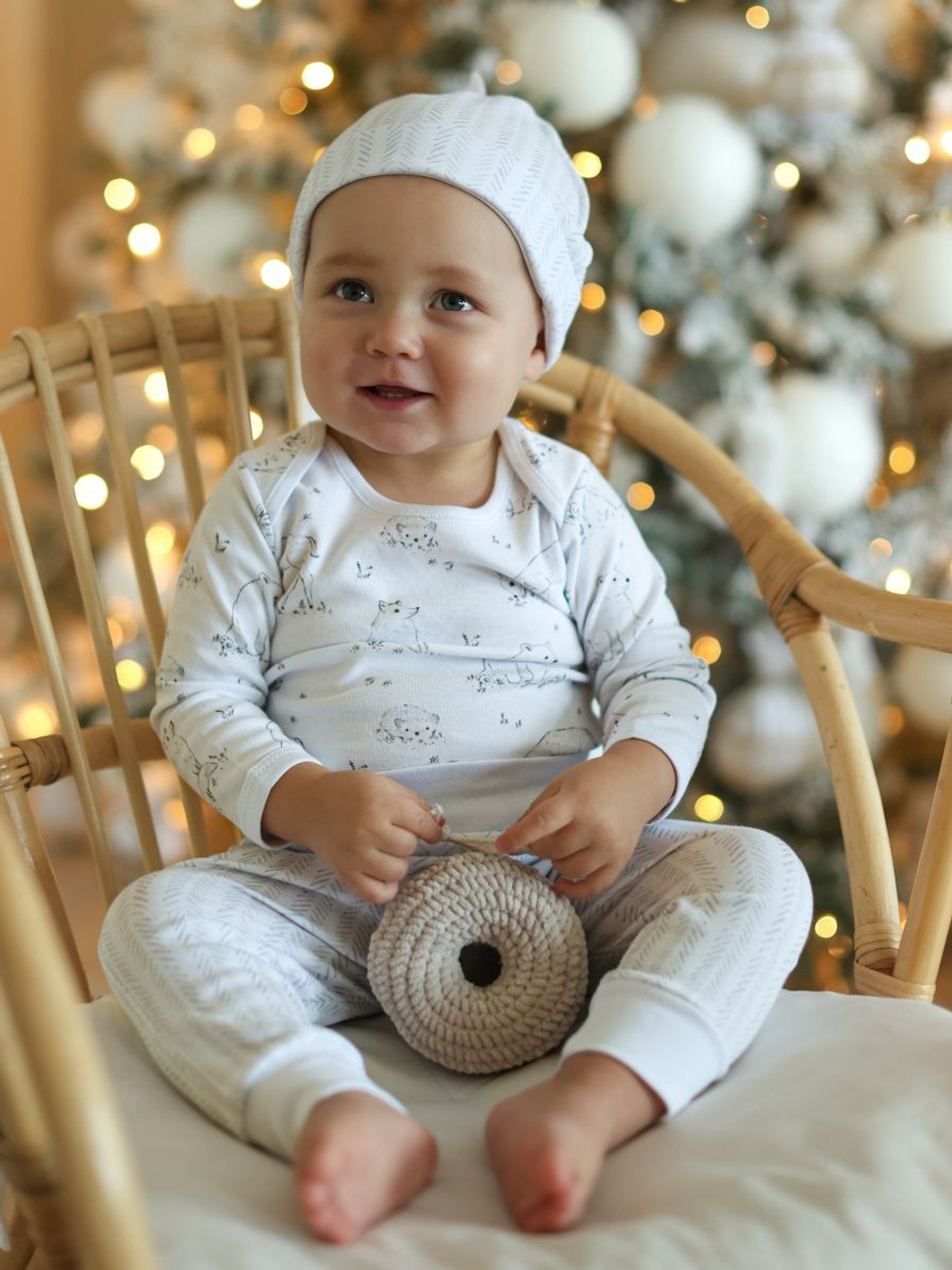 Набор из боди, штанишек и шапочки "Лесные звери", Белый