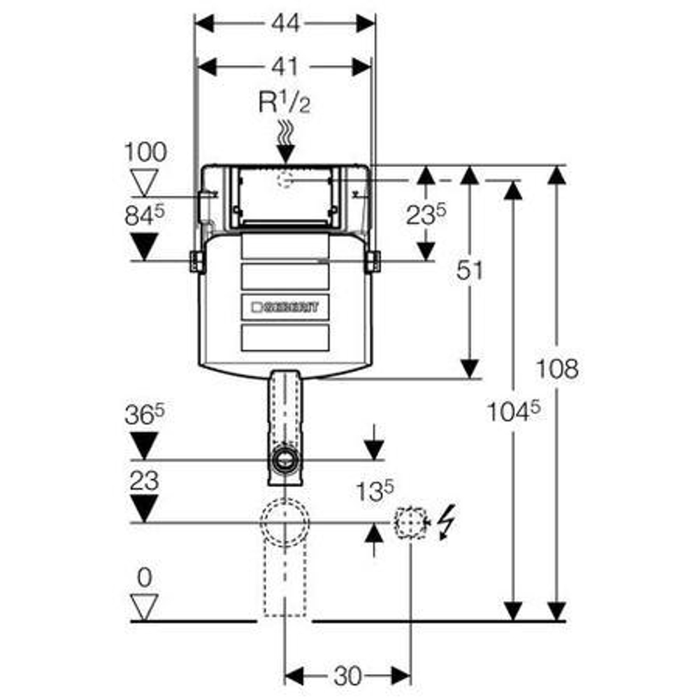 Смывной бачок скрытого монтажа, с фронтальным управлением, глубина 12 см,  Geberit  UP320 109.300.00.5 схема