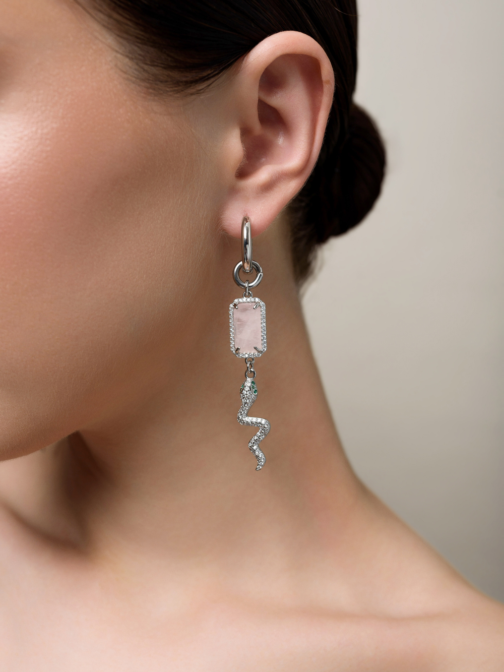 Серьги "Snake" с розовым кварцем Silver