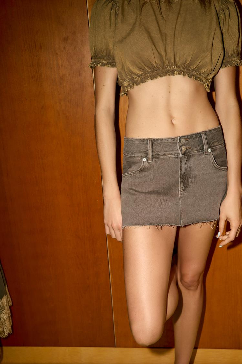 ZARA КРОП-ТОП ИЗ ВЫСТИРАННОГО ПОПЛИНА, ХАКИ