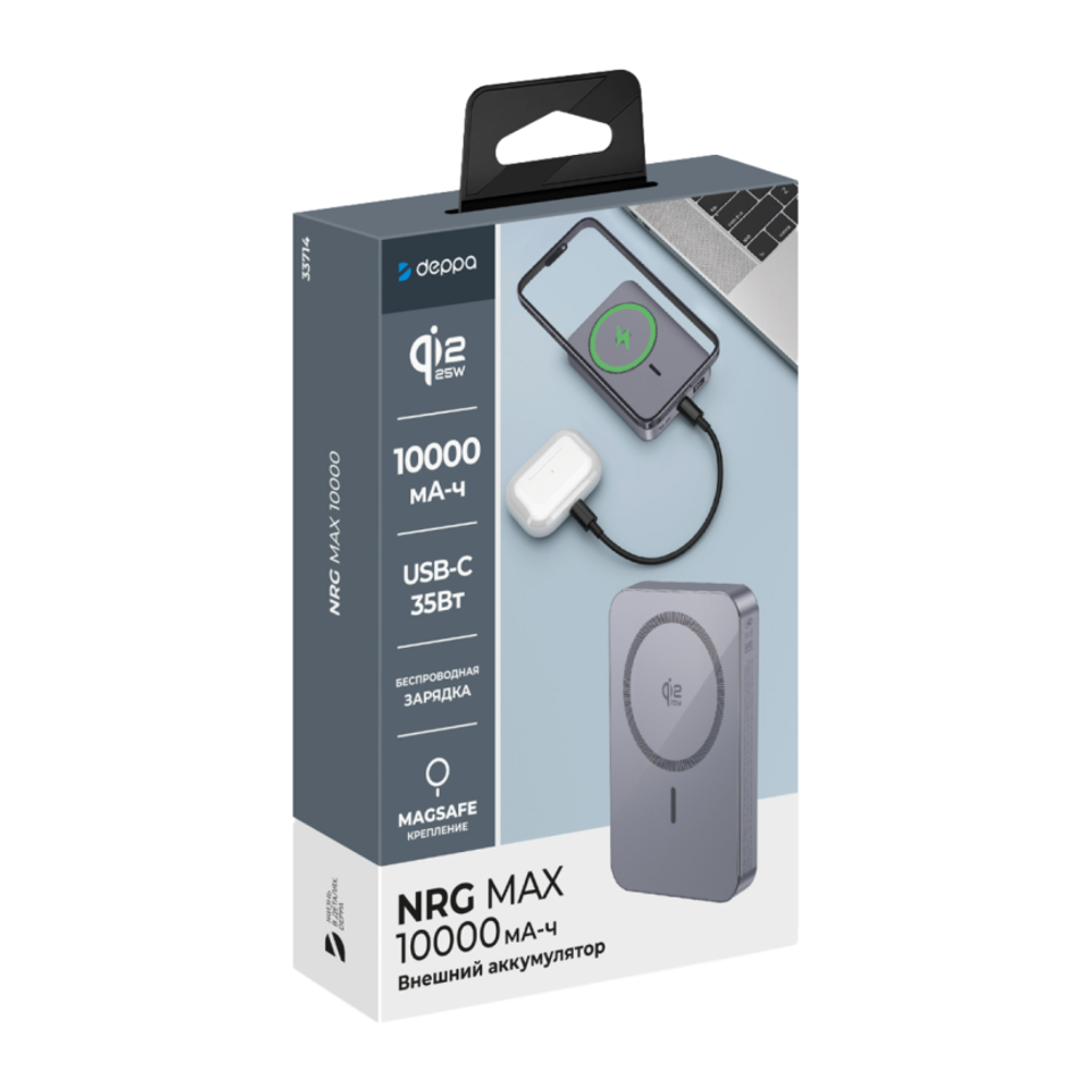 Внешний аккумулятор MagSafe Deppa NRG Max (Qi2.2) (10000 мА·ч) Беспроводная зарядка: Qi 25 Вт. Проводная зарядка: USB-C. Сертификация Qi2. Есть дисплей. Энергоёмкость — 37 Вт·ч. Максимальная выходная мощность — 35 Вт