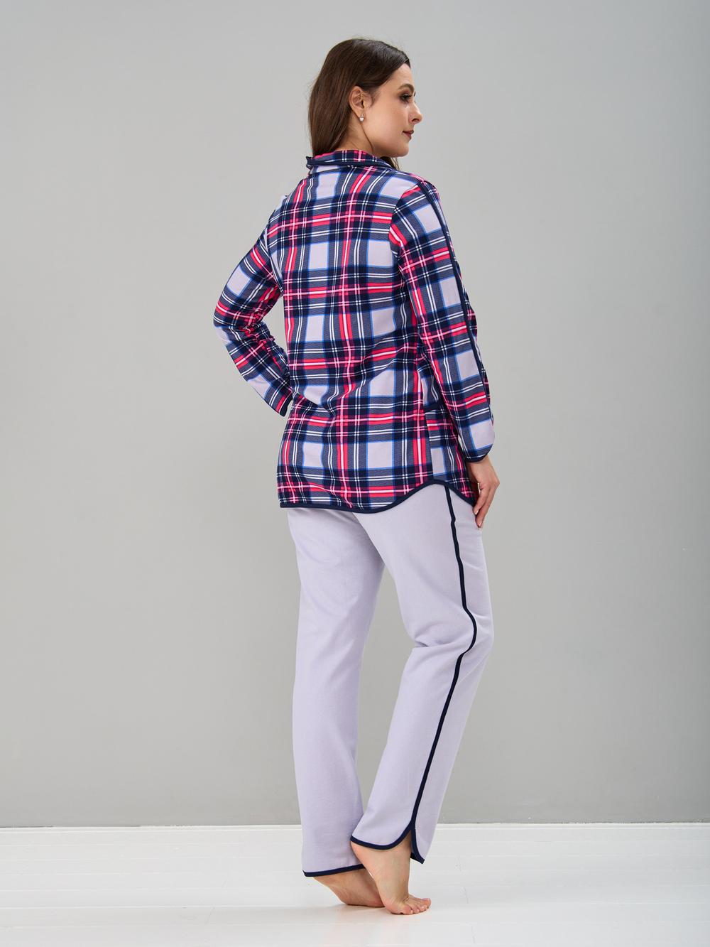 Пижама с брюками КБ-002/клеткасерая-малина