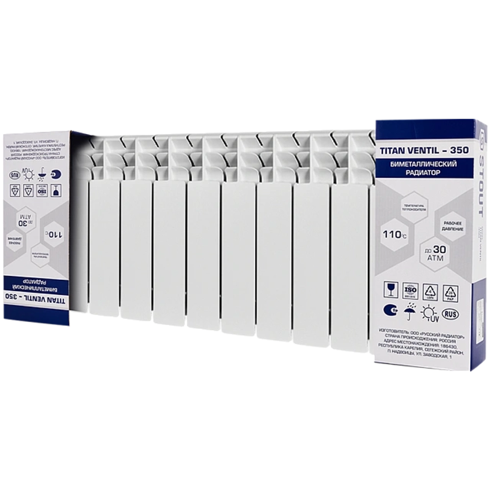 Радиатор биметаллический STOUT TITAN VENTIL 350 - 13 секций (подключение нижнее правое, цвет белый)