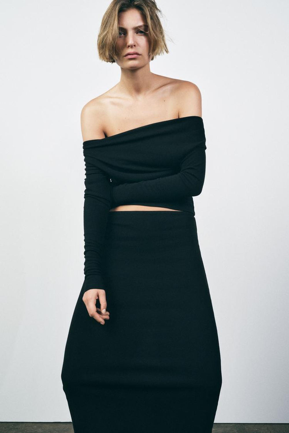 ZARA ТОП АСИММЕТРИЧНОГО КРОЯ ИЗ МЯГКОГО ИНТЕРЛОКА, ЧЕРНЫЙ