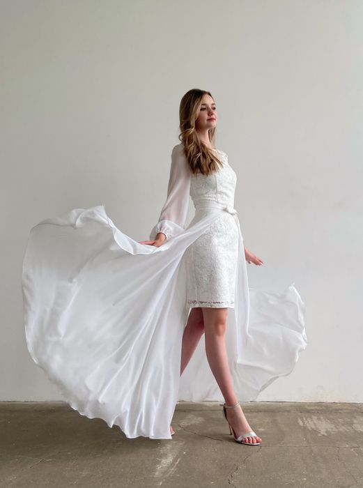 Свадебное платье со съемной юбкой из шифона и длинными рукавами из шифон (молочный)