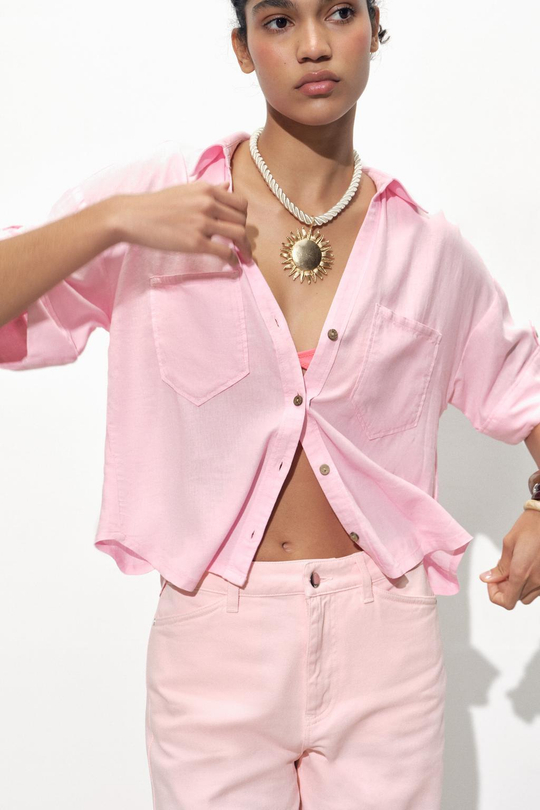 ZARA УКОРОЧЕННАЯ РУБАШКА ИЗ СМЕСОВОГО ЛЬНА ,РОЗОВЫЙ