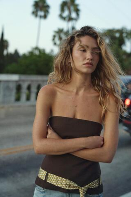 ZARA ТОП БЕЗ БРЕТЕЛЕЙ С РЕМНЕМ-ГАЛСТУКОМ, КОРИЧНЕВЫЙ