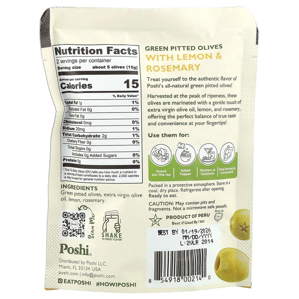 Poshi, Snacks, зеленые оливки премиального качества, лимон и розмарин, 30 г (1,1 унции)