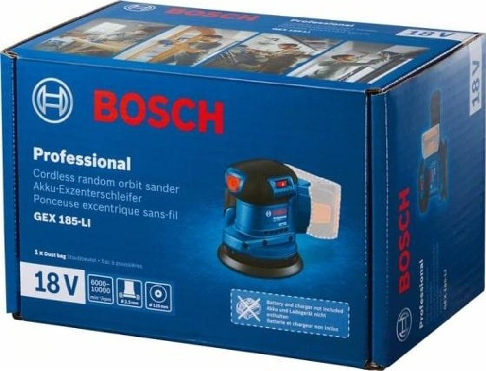 Виброшлифмашина эксцентриковая аккумуляторная BOSCH GEX 185-LI без АКБ и ЗУ 06013A5020