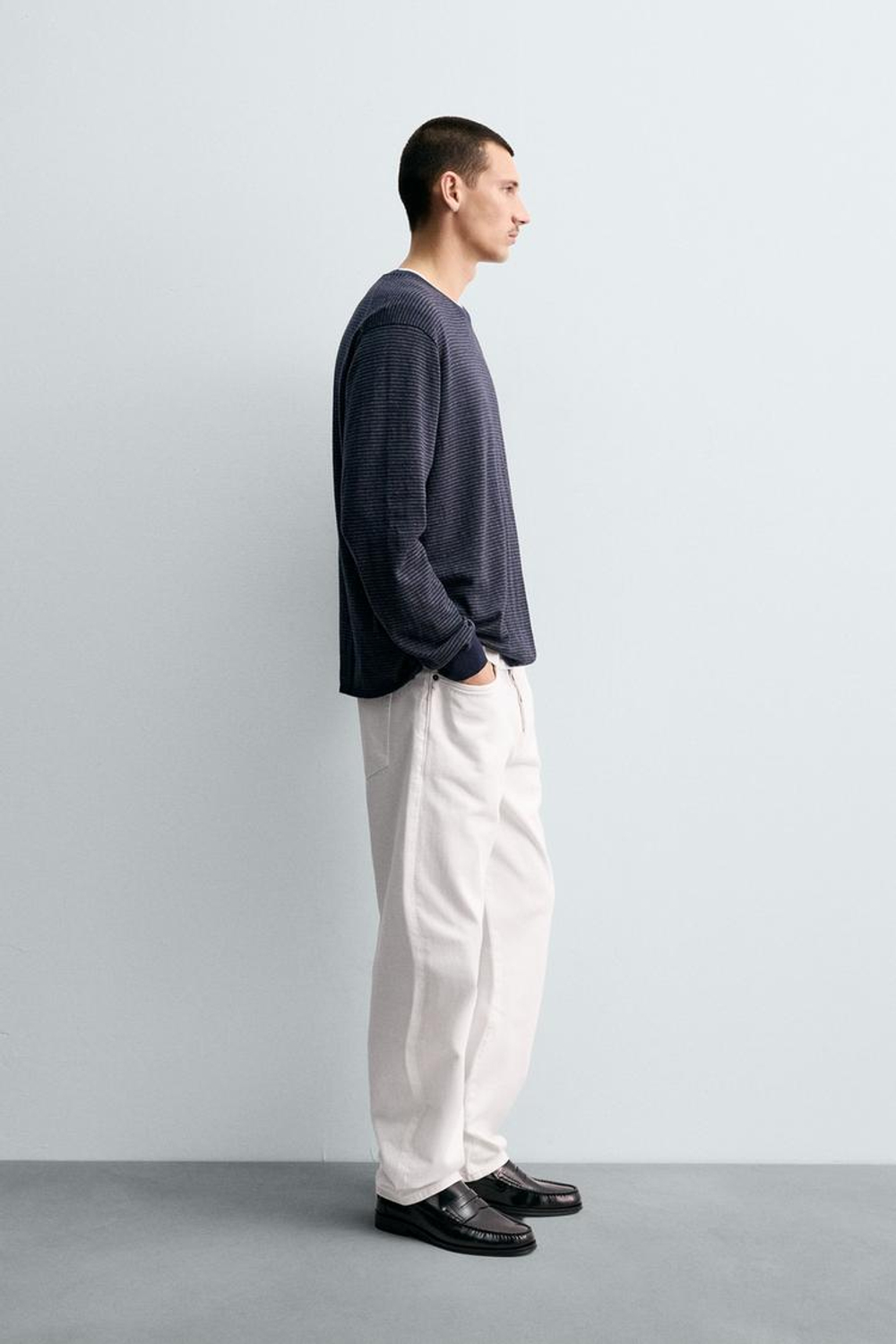 ZARA ДЖЕМПЕР В ПОЛОСКУ ИЗ ХЛОПКА И КАШЕМИРА, СЕРЫЙ/СИНИЙ