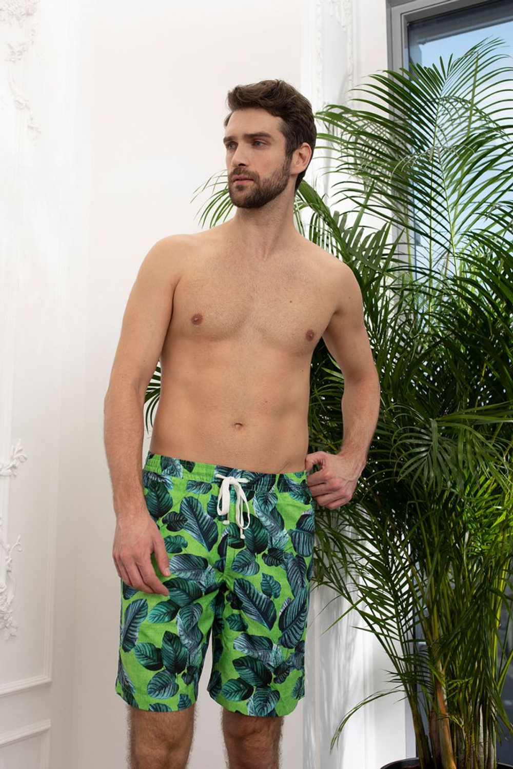 Летние мужские удлиненные шорты с листьями (Размер: L) (Цвет: зеленый)