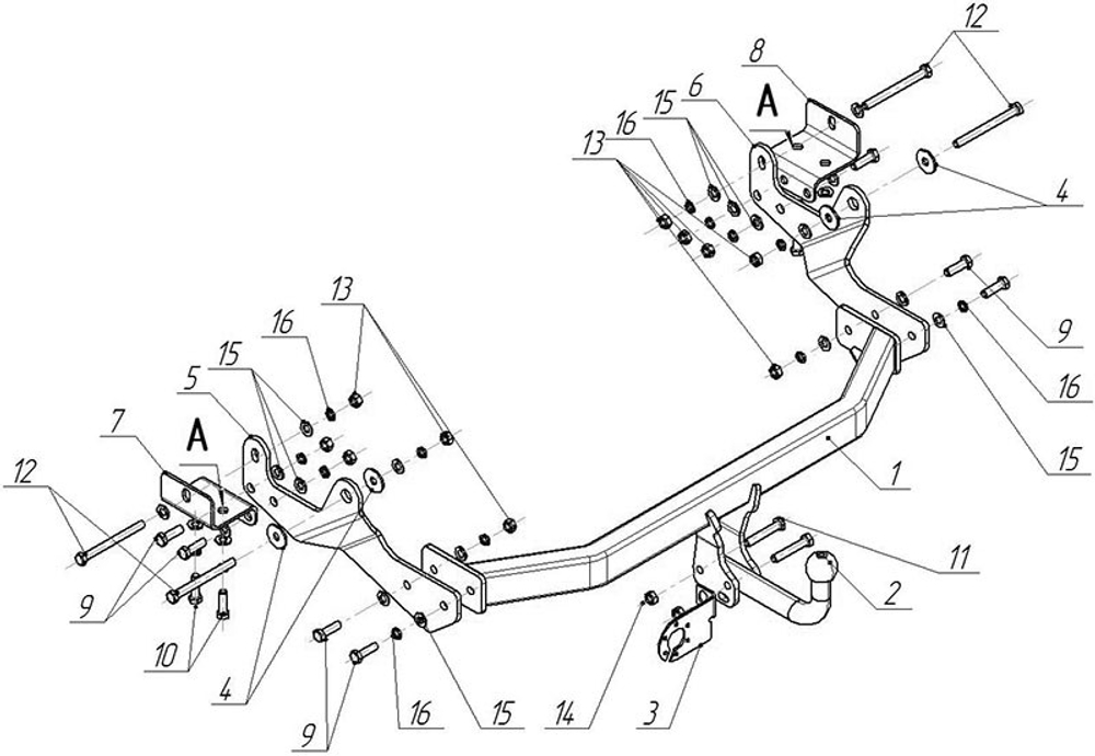 Фаркоп для Hyundai H1 2008-2018, 2018-2023 Тип шара: A. Нагрузки: 2000/90 кг, HY 26