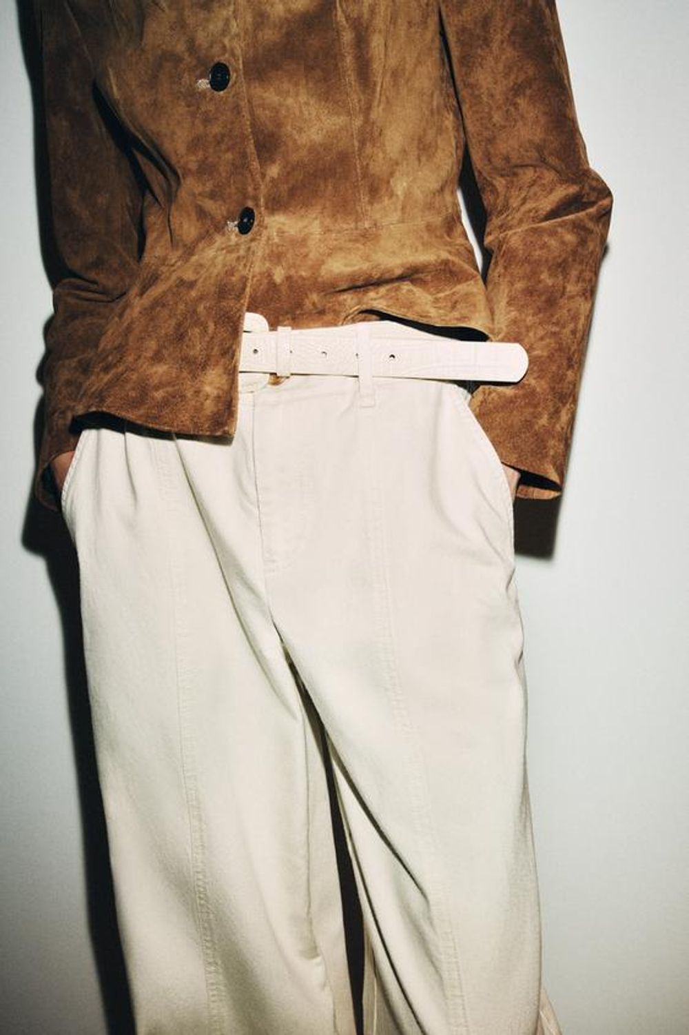 ZARA БРЮКИ С ШИРОКИМИ ШТАНИНАМИ И РЕМНЕМ, ЭКРЮ