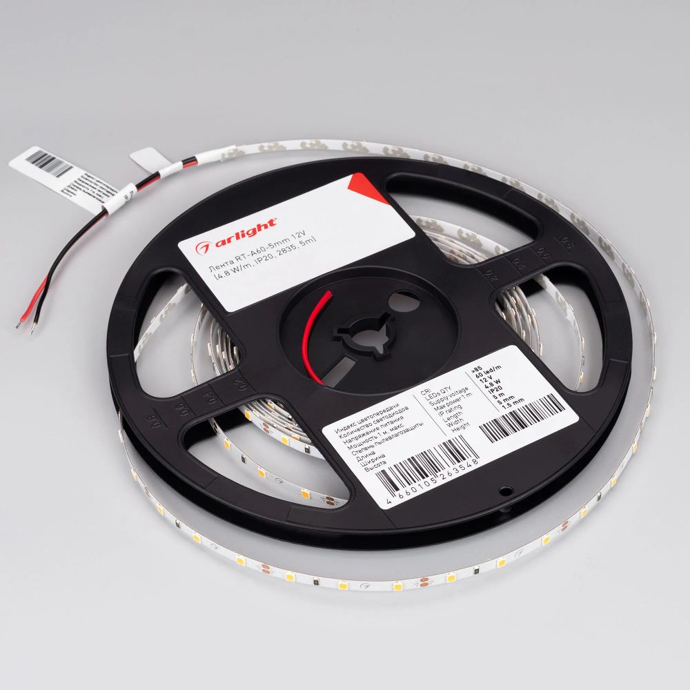 Светодиодная лента RT-A60-5mm 12V Day4000 (4.8 W/m, IP20, 2835, 5m) (Arlight, 4.8 Вт/м, IP20) 028613(2)