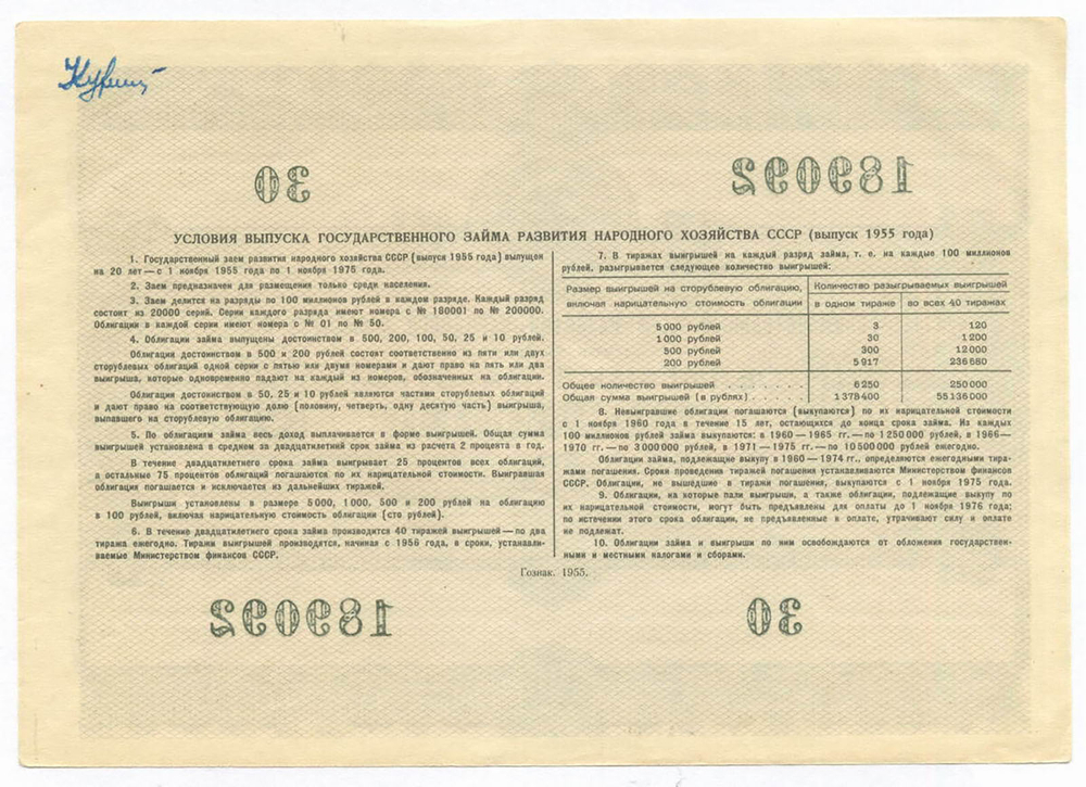 Облигация 100 рублей 1955 год. Серия № 189092. VG (подпись на реверсе)