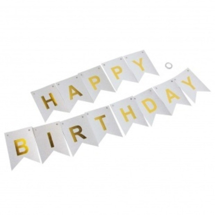 Гирлянда Флажки, Happy Birthday, Белый/Золото, Металлик, 500 см, 16*12 см, 1 упак.