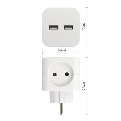 Разветвитель электрический ЭРА SP-2-USB-W на 2 розетки + 2xUSB 2400mA без заземления 10А белый