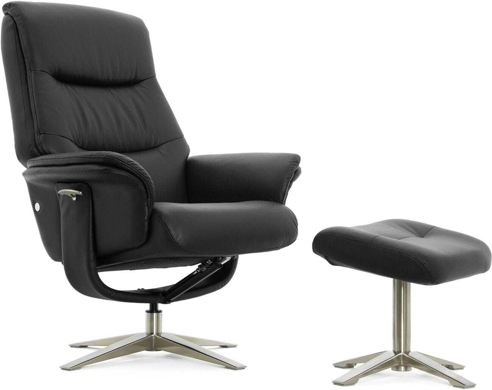 Кресло реклайнер с пуфом для ног Relax BOSS 7826A, натуральная кожа черная (001)