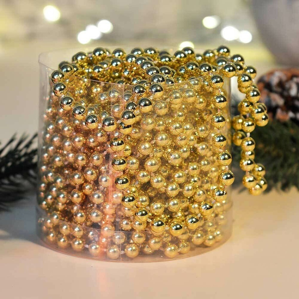 Цепь новогодняя 10м Шарик d0,6см, цвет золото