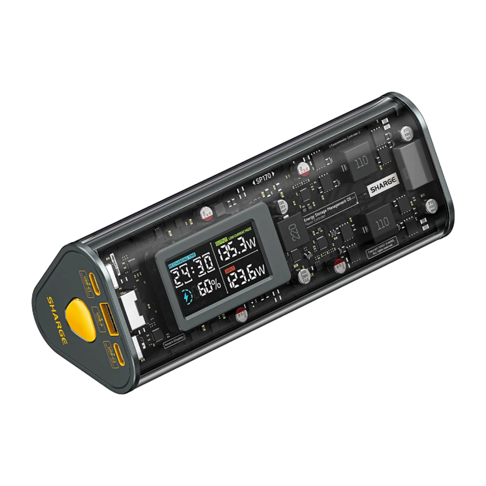 Внешний аккумулятор SHARGE Shargeek 170 (24000 мА·ч) Проводная зарядка: 2 USB-C, USB-A. Беспроводная зарядка: нет. Есть дисплей, поддержка PD 3.1, QC 4, AFC, SCP и FCP. Энергоёмкость — 86,4 Вт·ч. Максимальная выходная мощность — 140 Вт