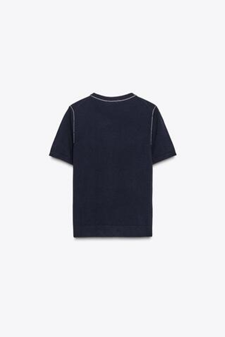 ZARA ТРИКОТАЖНЫЙ ТОП С КОРОТКИМИ РУКАВАМИ И ОТДЕЛКОЙ, МОРСКОЙ СИНИЙ
