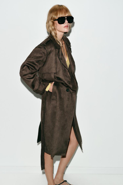 ZARA ДЛИННЫЙ ТРЕНЧ ИЗ ИСКУССТВЕННОЙ ЗАМШИ С ПОЯСОМ, СВЕТЛЫЙ ХАКИ