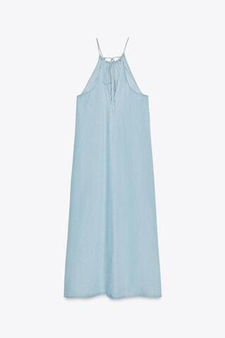 ZARA ПЛАТЬЕ С ГОРЛОВИНОЙ ХАЛТЕР И СБОРКАМИ, ГОЛУБОЙ