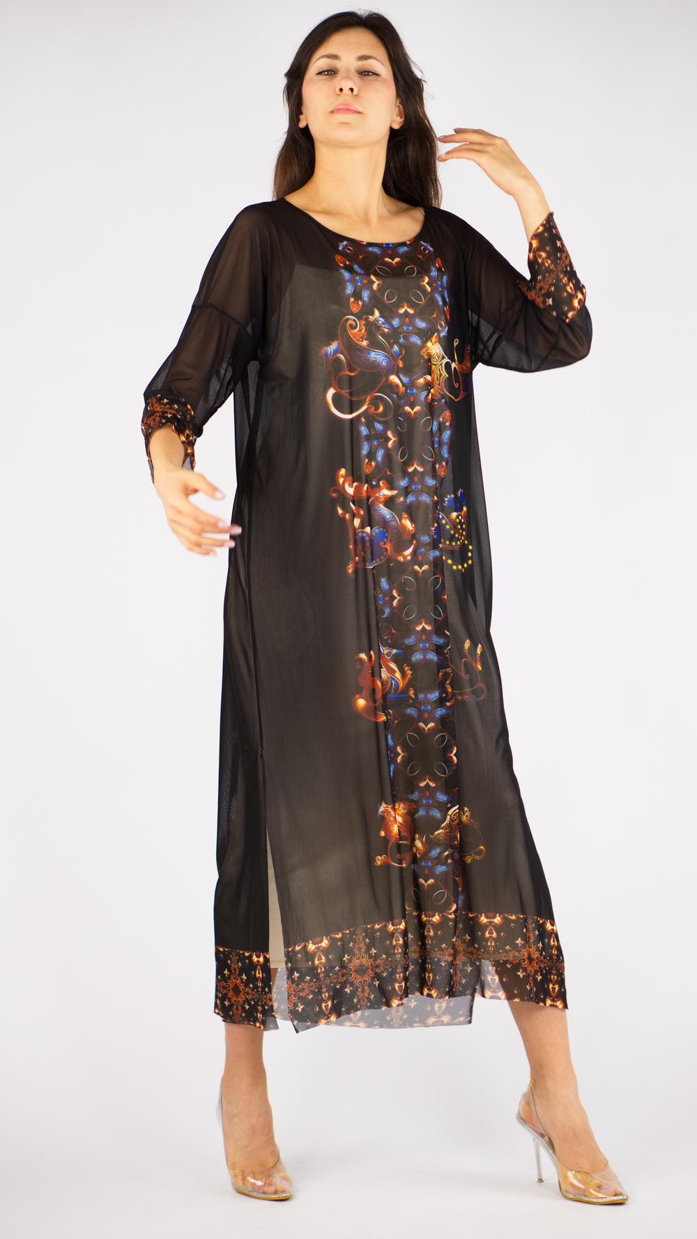 Платье-туника из сетки "Загадки скифов", принт по мотивам скифских татуировок, по материалам раскопок Пазырыкских курганов