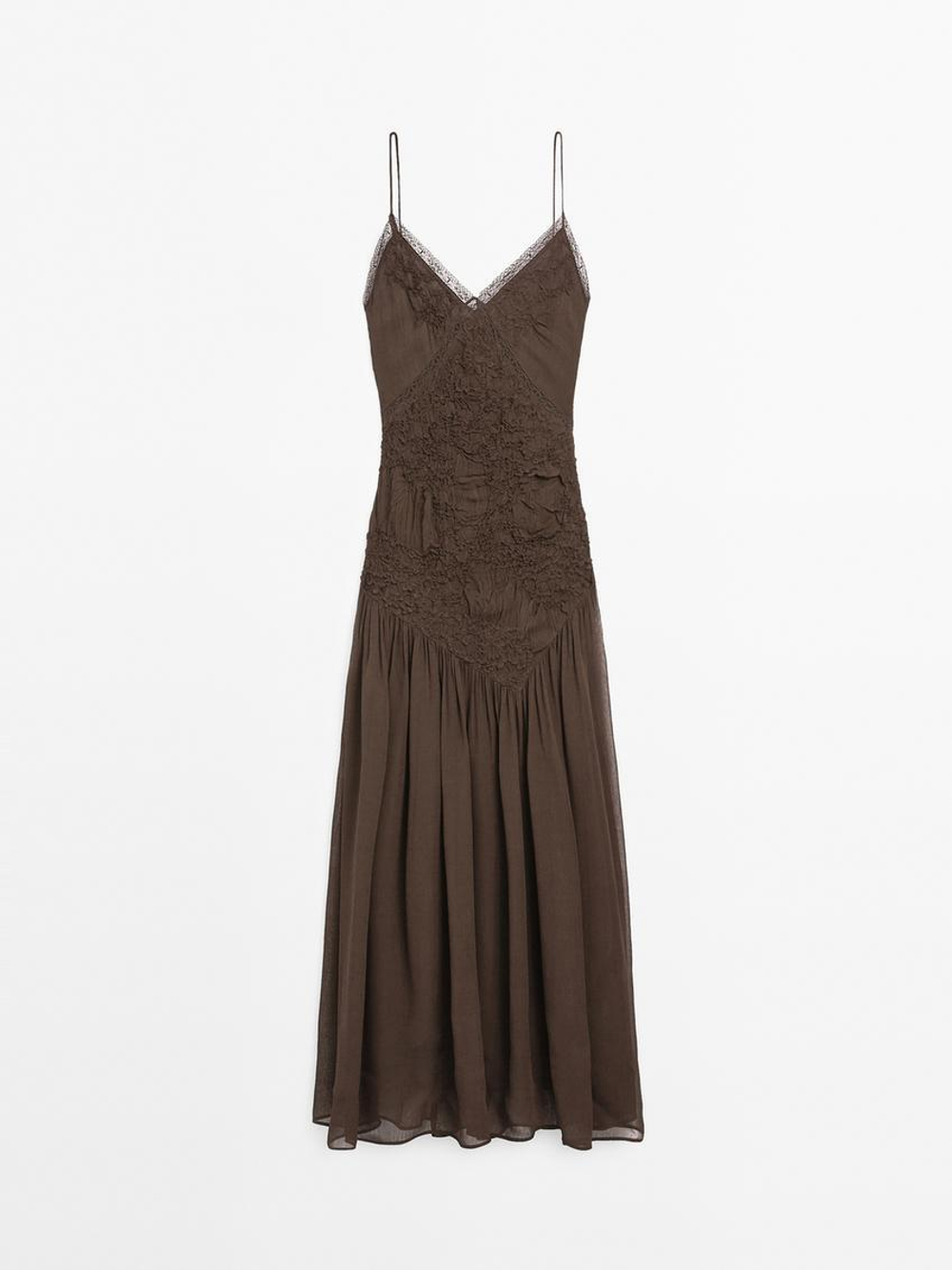 Massimo Dutti Длинное платье со сборками, шоколадный
