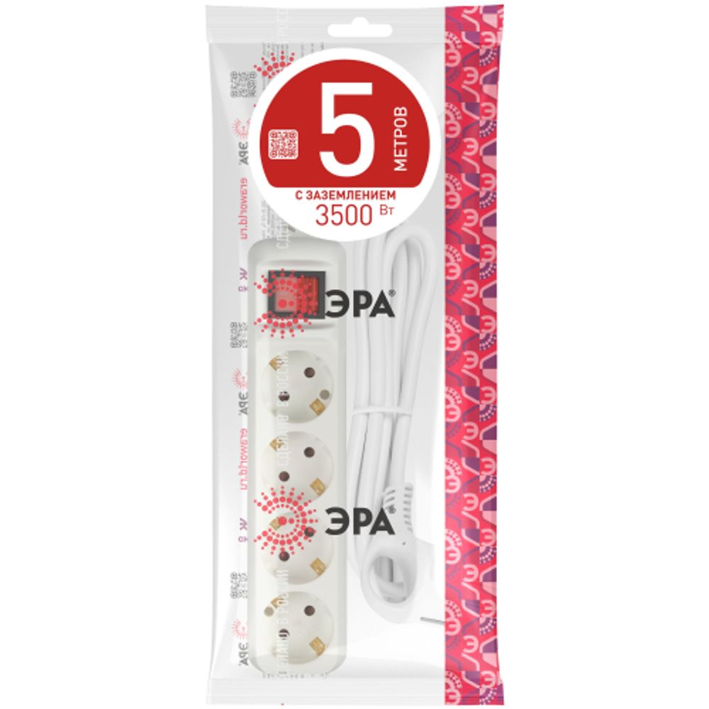 Удлинитель электрический ЭРА U-4es-5m-3x1 с заземлением с выключателем 4 розетки 5м ПВС 3x1мм2 16А
