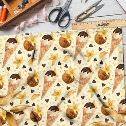 Ткань шифон ванильное мороженое и кокосы на жёлтом фоне