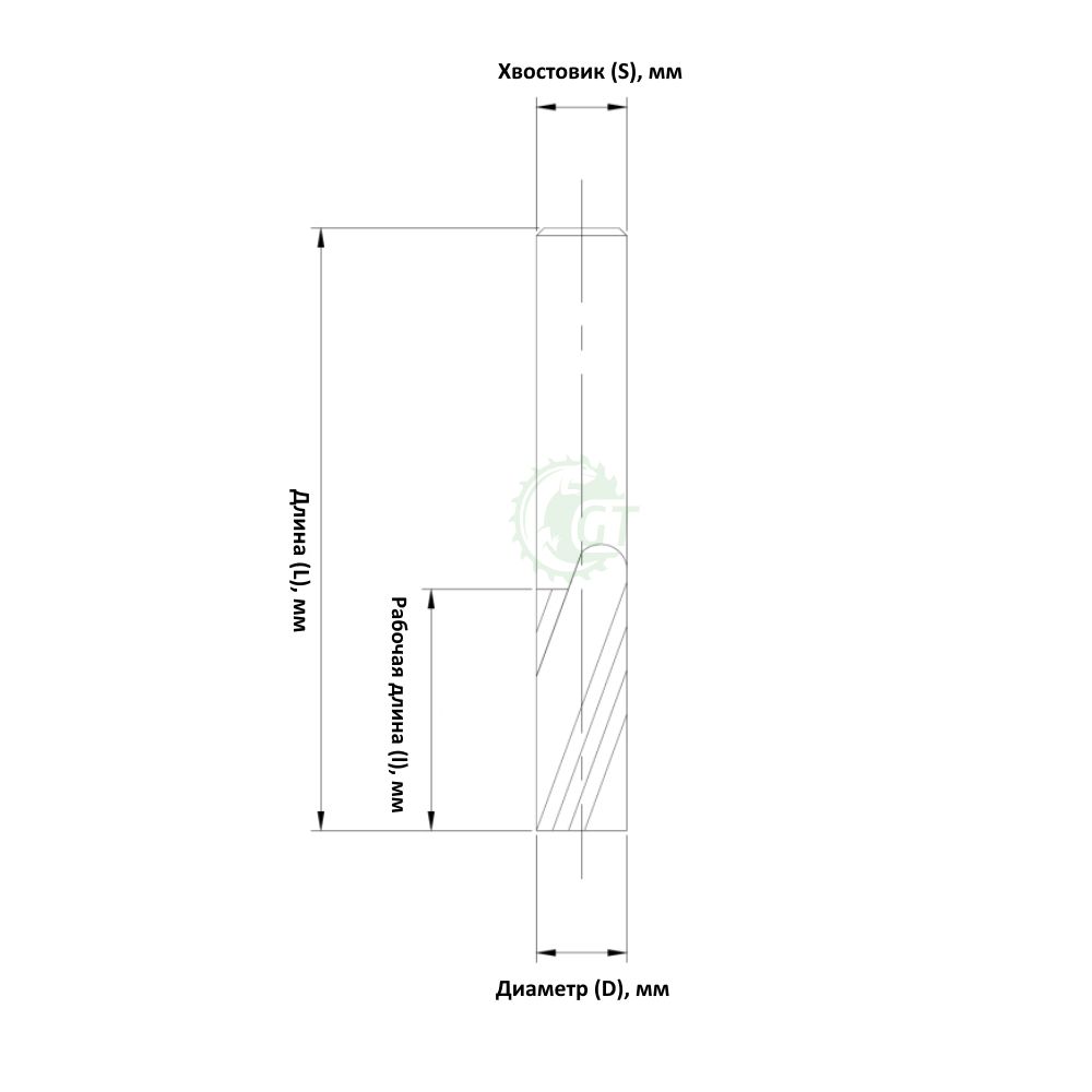 Изображение чертежа двухзаходной чистовой фрезы GT с выбросом стружки вверх