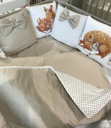 Комплект в кроватку 17 предметов "Оленята бежевый", сатин