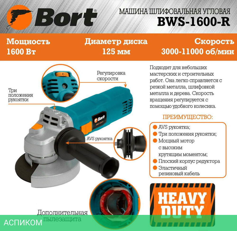 Угловая шлифмашина Bort BWS-1600-R (93411157)