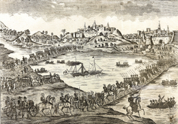 Переправа через Дунай Российских войск 11 марта 1854 года. Гравюра. [Лубок] 1866 г. Бумага, гравиров