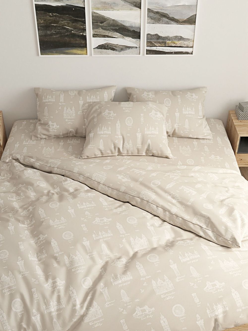 Постельное белье  перкаль Сказка "Туманный альбион" евро  Наволочка 70х70 см 2 шт  Простынь на резинке 180x200 см  Пододеяльник 200x215 см