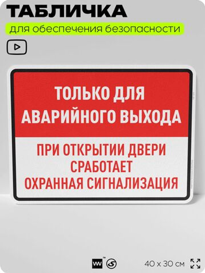 Табличка для обеспечения безопасности "Только для аварийного выхода, сработает сигнализация", для производства, предприятия, организаций, 40х30 см, Silver Plane x Айдентика Технолоджи