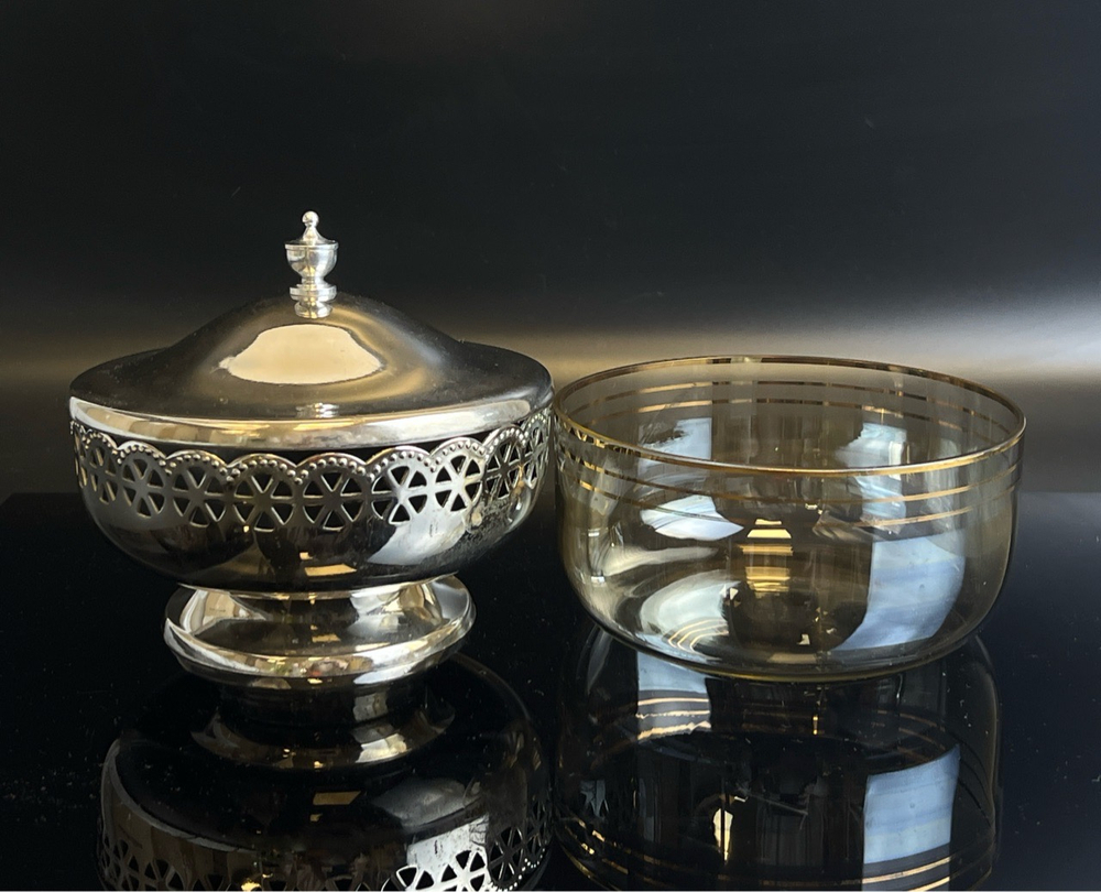 Ваза конфетница с крышкой, стекло, металл алюминий, винтажная СССР 1960-1990 гг