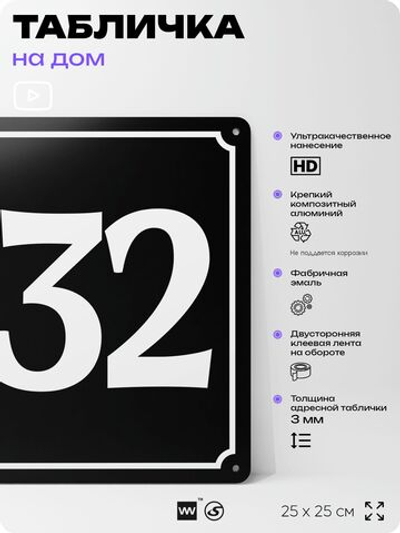 Адресная табличка с номером дома 132, на фасад и забор, черная, 25х25 см, Айдентика Технолоджи