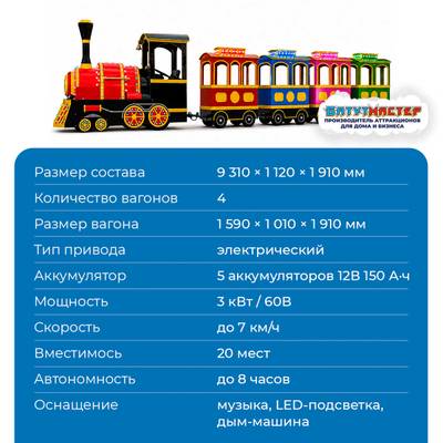 Аттракцион паровозик «Яркий Маршрут», 4 вагона, 20 мест