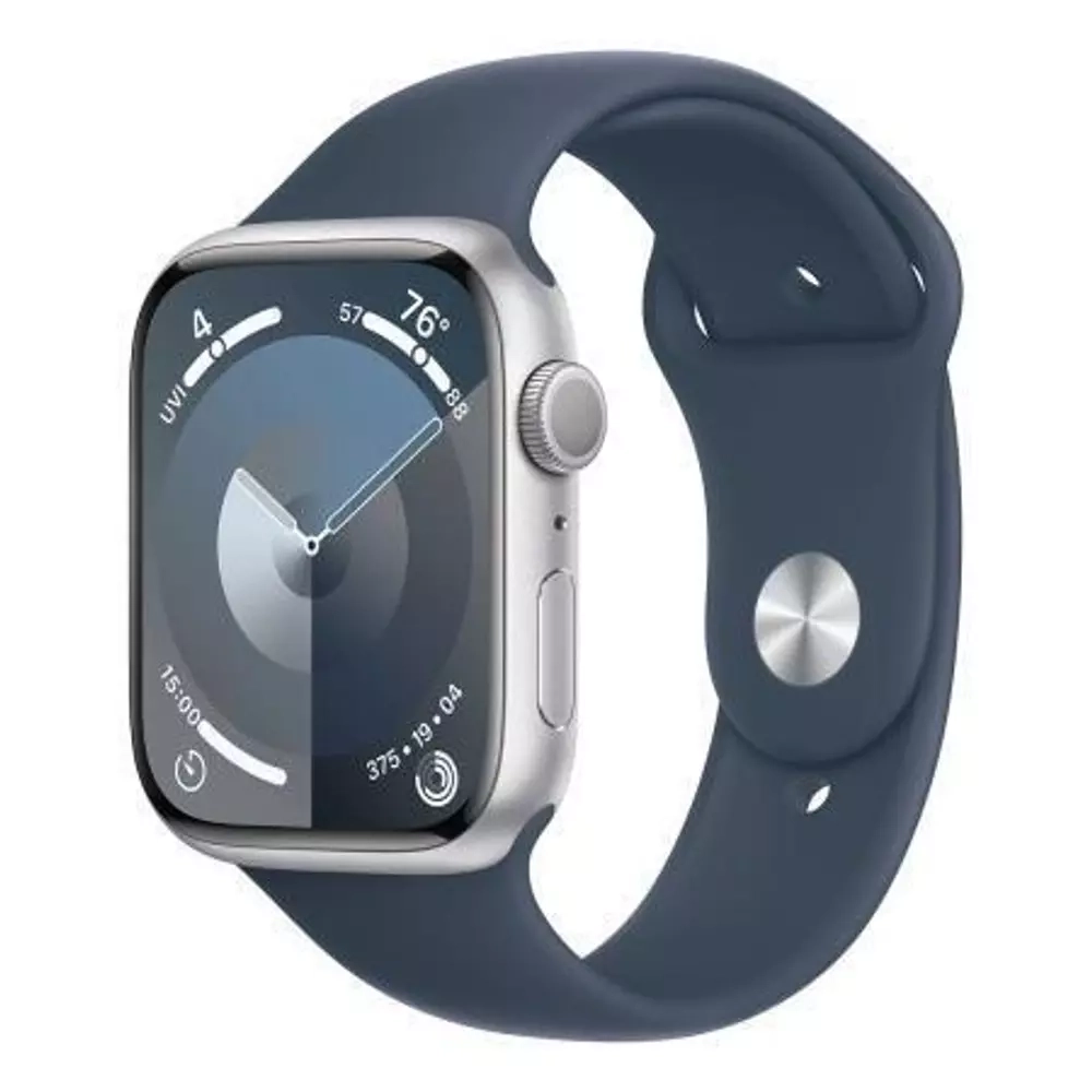 Apple Watch Series 9, 45 мм, из алюминия серебристого цвета, спортивный ремешок