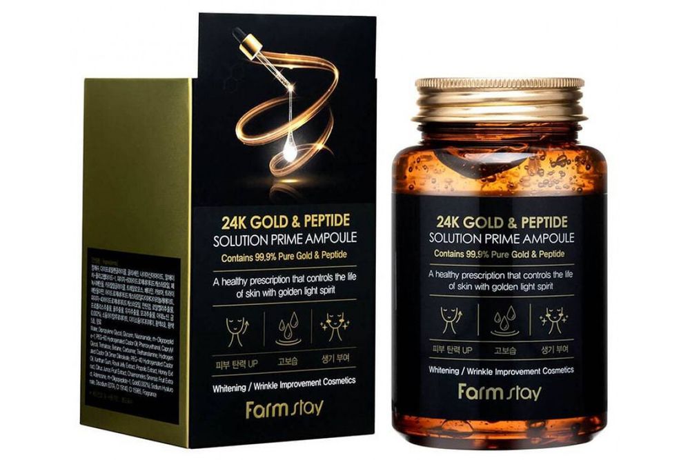 FARMSTAY Антивозрастная ампульная сыворотка с 23K золотом и пептидами 24K Gold & Peptide Solution Prime Ampoule 250 ml.