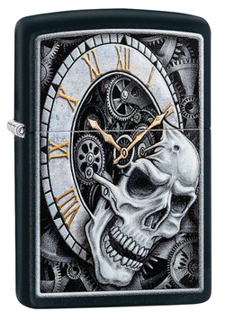 Фото оригинальная бензиновая чёрная зажигалка с часами и черепом Skull Clock Design ZIPPO 29854 в подарочной коробке