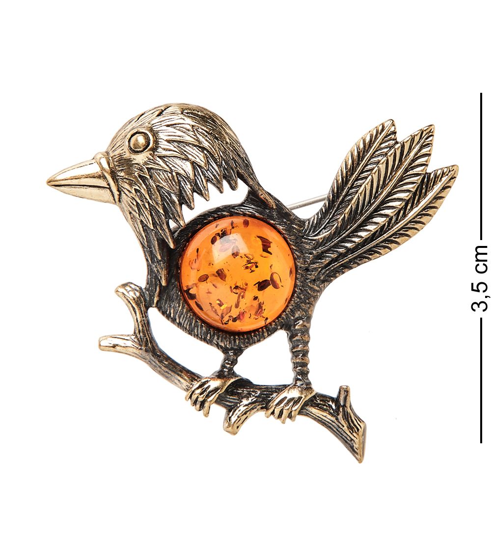 AM-2528 Брошь «Ворона Каркуша» (латунь, янтарь)