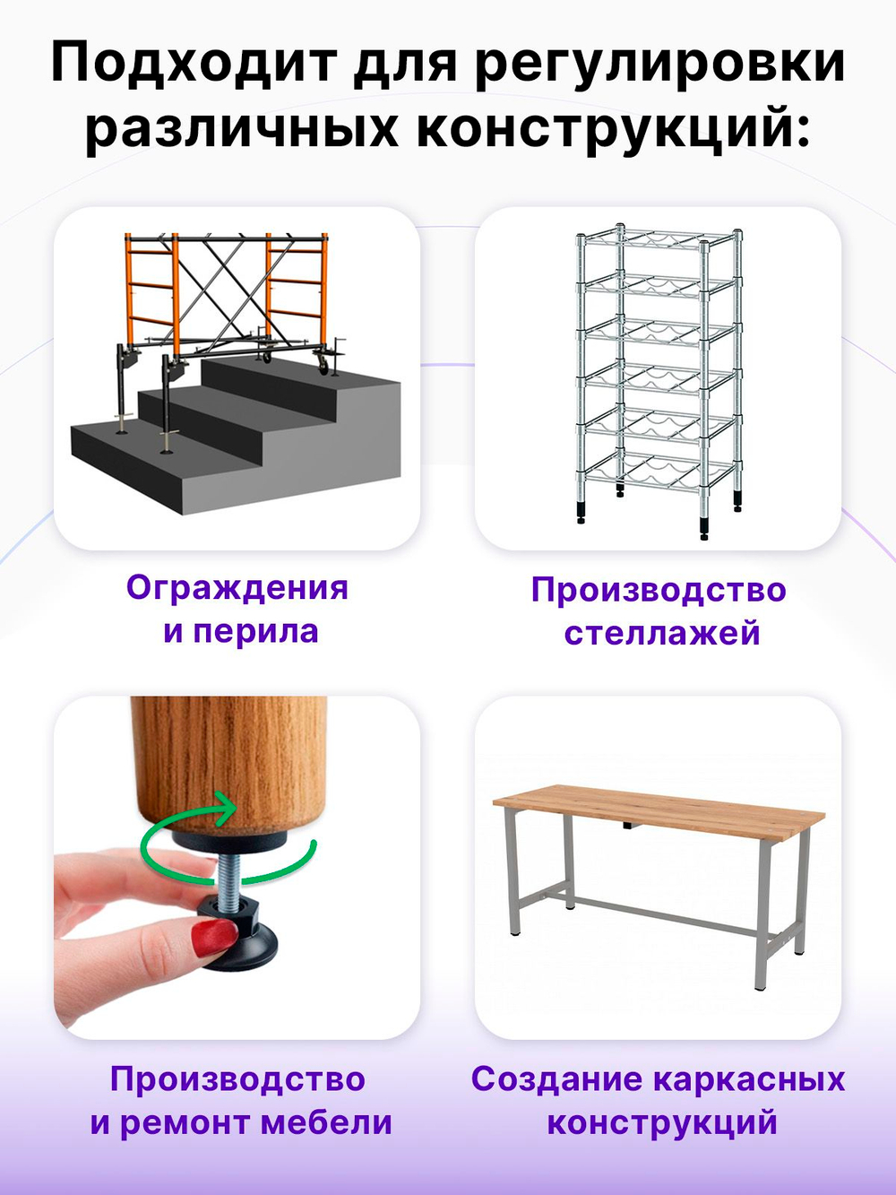 Комплект регулируемых опор D40 M10х35 мм и заглушек D40 с гайкой М10, 4 шт